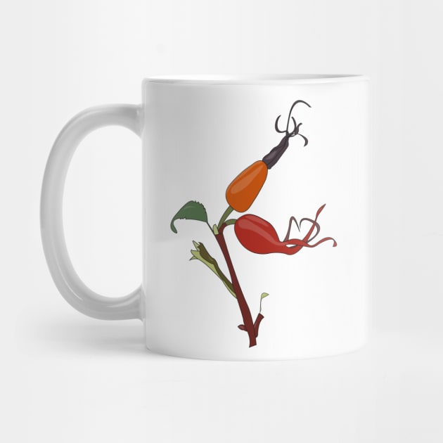 Rose hips on a branch with a green leaf by Mardi 